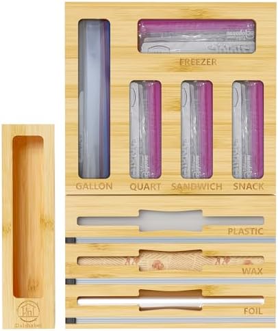 DALSHABET 9-in-1 Bamboo Kitchen Drawer Organizer for Storage Bags and Wrap by DALSHABET