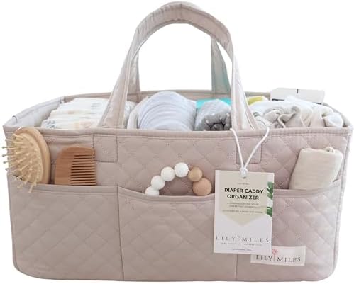 Lily Miles Baby Diaper Caddy Organizer, Quilted Nursery Storage Organizer for Newborn Essentials and Diaper Changing Station, Gift for Baby Shower and Registry Must-Have (Soft Sand) by LilyMiles