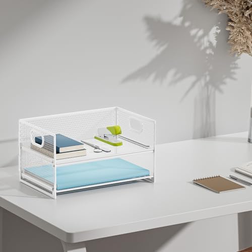 Marbrasse 2 Tier Paper Organizer Letter Tray, Mesh File Organizer with Handle, Paper Sorter Desk Organizer for Home Office Supplies - White - Image 6