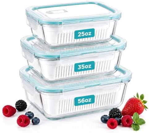 Glass Berry Container for Fridge, 3 Pack, 56oz 35oz 25oz, with Removable Colander and Vent Valve, Fresh Produce Storage Set by Unknown