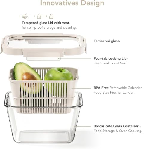 GENICOOK Glass Fruit Storage Containers for Fridge, 2 Set Produce Containers with Removable Colanders & Vent Glass Lids, Airtight Fruit & Vegetable Storage, BPA Free Borosilicate Glass - Image 5