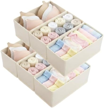 Small Foldable Fabric Drawer Organizer 6 Pack Beige - 11“ Breathable Closet & Dresser Storage Bins for Socks, Underwear, Bras & Baby Clothes by Unknown