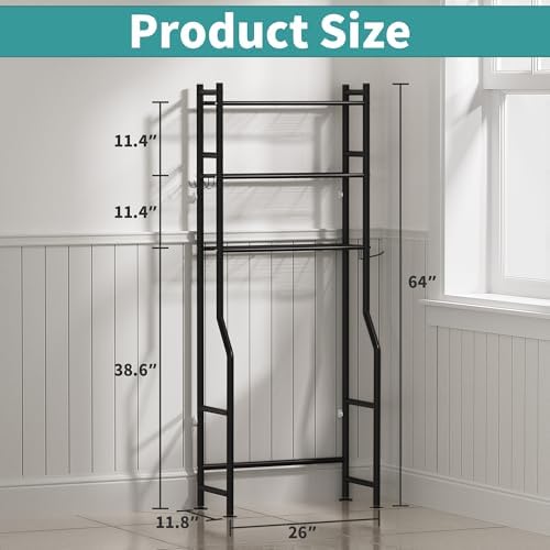 3-Tier Over The Toilet Storage Organizer, Space-Saving Bathroom Rack with Paper Holder & 4 Hooks, 64" Tall Freestanding Carbon Steel Shelf for Small Apartment Laundry Room (Black) - Image 2