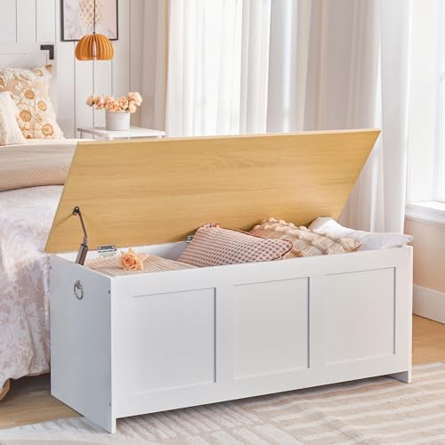 HOOBRO Storage Bench, 39.3" Retro Wooden Storage Chest, Wooden Storage Trunk, Toy Chest with Lift Top, Multifunctional Entryway Organizer, for Entryway, Living Room, White and Natural WN141CW01G1 - Image 2