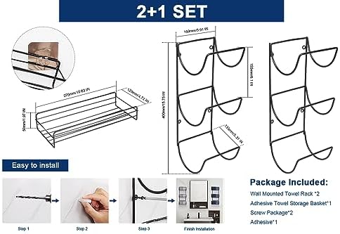 NearMoon Towel Rack Wall Mounted- All Metal Bathroom 2 Towel Rack Holders+ Hand Towel Storage Basket, Rustproof 3 Level Wine Rack Organizer for Hand Towels, Washcloths, 2+1 Pack (Matte Black) - Image 2