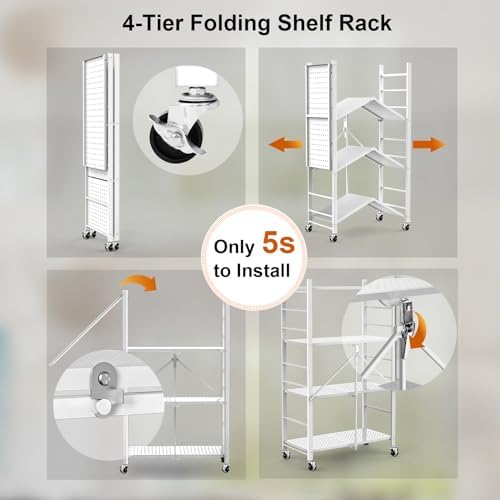 Himix 4-Tier Foldable Metal Storage Shelf with Wheels Kitchen White - Image 4