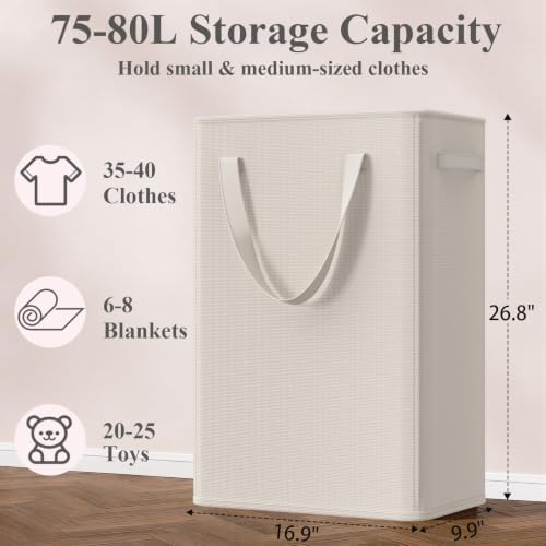 Optish 75L Slim Laundry Hamper, Baby Hamper for Nursery with Handles, Large Laundry Basket for Dorm, Bedroom, Living Room, Collapsible Laundry Basket, White - Image 3