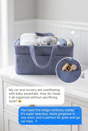 Diaper Caddy Organizer, Premium Blue Indigo Corduroy Nursery Storage Basket with Removable Dividers & Handles, Portable Organizer for Diapers, Essentials, Baby Registry & Shower Gift - Image 5