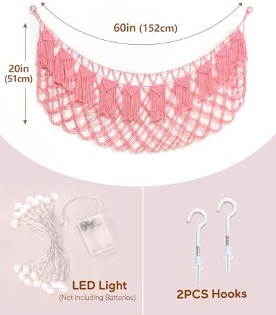 Boho Stuffed Animal Hammock, Falt Wall or Corner Hanging, Pink, XL - Image 4