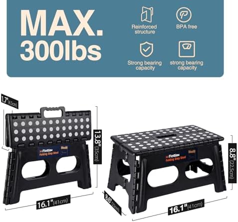 Flottian 9" Folding Step Stool for Adults and Kids 15-Inch Extra Wide Stool Holds Up to 300 lbs,Non-Slip Folding Stools with Handle,Compact Plastic Foldable Step Stool for Bathroom,Kitchen,ect - Image 3