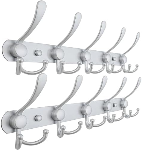 Dseap Coat Rack Wall Mounted - 5 Tri Hooks, Heavy Duty, Stainless Steel, Metal Coat Hook Rail for Coat Hat Towel Purse Robes Mudroom Bathroom Entryway (Silver, Pack of 2) by Dseap