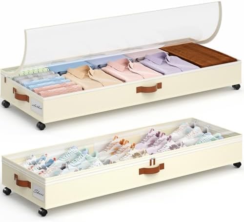 Yecaye 85 L Under Bed Storage with Wheels, 2 Pack Under Bed Storage Containers with Adjustable Dividers & Lids, Large Rolling Underbed Organizer Bins Drawers for Clothes, Shoes, Blankets Toys, Beige by Yecaye