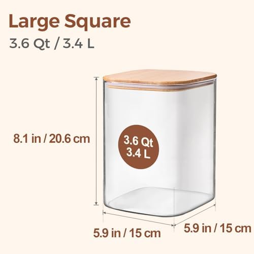 ComSaf Glass Storage Jars with Bamboo Lids 3.6 Qt Large Pantry Square - Image 2