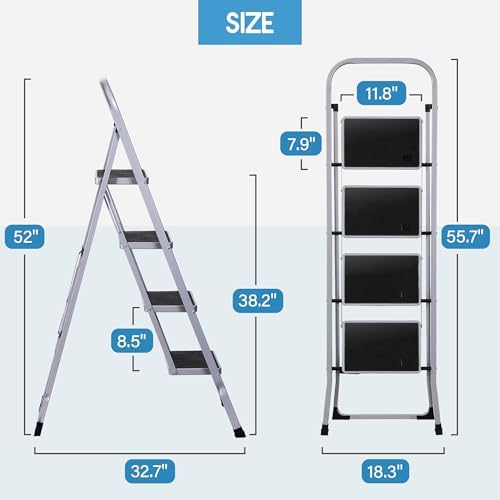 ZENY 4 Step Ladder Folding Step Stool with Wide Anti-Slip Pedal, Convenient Handgrip, Portable Steel Step Stool, 330 lbs Sturdy Steel Ladder for Household and Office, Gray - Image 5