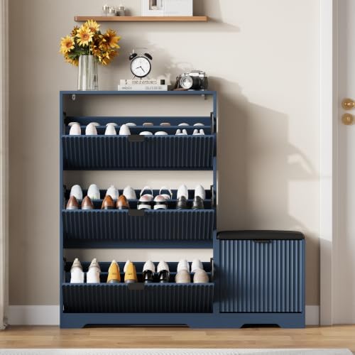 HUANLEGO Shoe Cabinet Storage for Entryway with Flip Drawer & Bench, Blue - Image 3