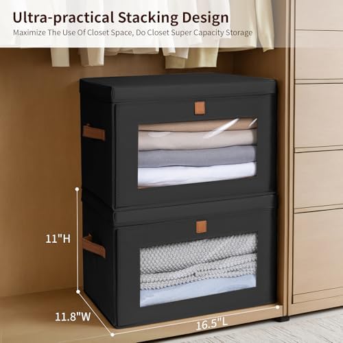 Homsorout Large Closet Storage Bins - Collapsible Clothes Organizer with Handles & Window, Decorative Boxes with Lids, Linen Closet Organizers for Living Room, Dorm, 8 Pack, Black - Image 4