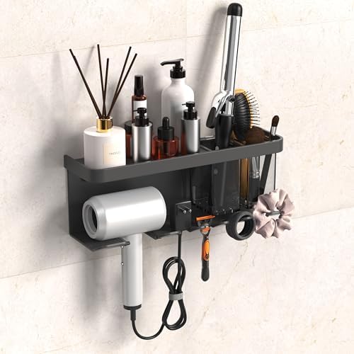 Hair Dryer Holder Wall Mounted Adhesive/Drilling, Hair Dryer Storage Organizer with Shelf & Hooks for Bathroom, Blow Dryer Holder, Hair Tool Organizer (Grey) by Unknown