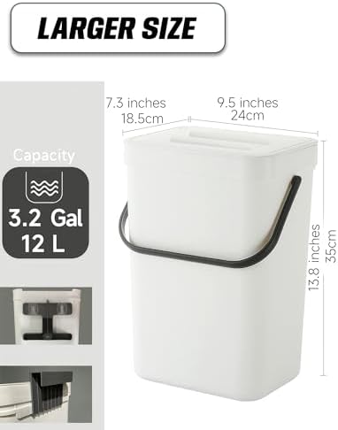 Kitchen Compost Bin - 3.2 Gallons Hanging Trash Can with Lid for Kitchen Bathroom, Under Sink Trash Can, Outdoor Compost Bucket with Lid, 12L(White) - Image 2