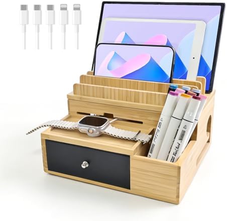 Bamboo Charging Station Organizer with Drawer and Pen Holder by Unknown