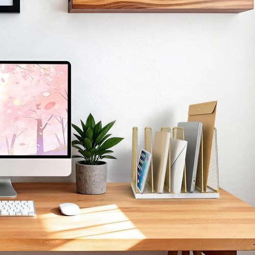 LEKETREE Gold Desk File Organizer, 5-Section Upright File Sorter, Vertical File Folder Holder, Mesh Metal Wood Office Desk Organizer for Document, Magazine, Books and more (White and Gold) - Image 2