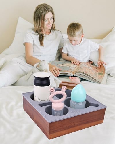 Couch Cup Holder Tray, Soft Food Grade Silicone Acacia Wooden Couch Caddy for Bed Car Seat Beach Organizer, Waterproof Anti-Spill Couch Drink Holder for Snacks Beverage Remote (Black) - Image 3