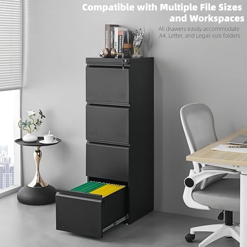 Approgreent Vertical 4 Drawer File Cabient with Lock, Metal Filing Cabinets for Home Office, Heavty Duty Office Storage Cabinet for A4/Letter/Legal (Matte Black) - Image 5