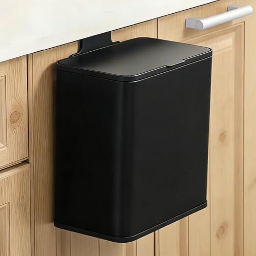 Under Counter Waste Bin, 1.9 Gallon Metal Small Trash Can for Cabinet Door, Hanging Space-Saving Garbage Can with Lid for Kitchen, Bathroom, RV, Office, Black by Qflushor
