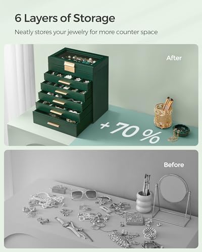 SONGMICS Jewelry Box Organizer, 6-Layer Storage with 5 Drawers, Glass Lid - Image 6