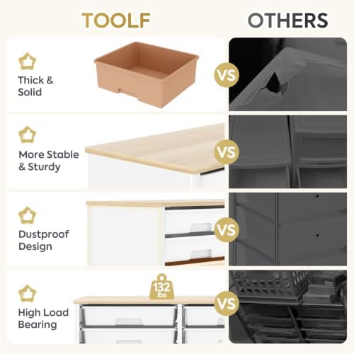 TOOLF 12 Drawers Storage Cabinet with Wooden Top and Plastic Bins,Brown - Image 6