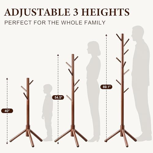 Wooden Coat Rack Freestanding with 8 Hooks & 3 Adjustable Sizes for Clothes, Space-Saving Design for Bedroom Office Entrance Holds Hats Coats Scarves Bags - Image 4