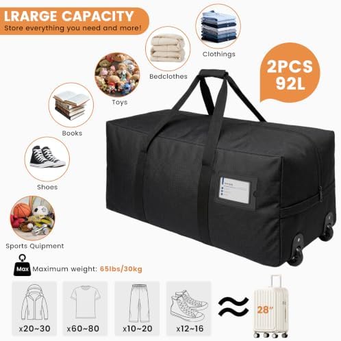 2 Pack Heavy Duty Moving Bags with Wheels, 92L Large Duffle Bag for Travel - Image 4