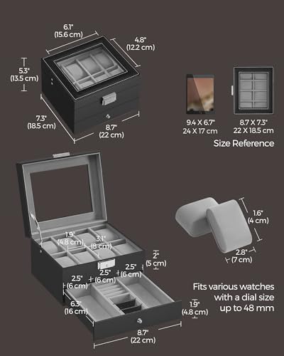 SONGMICS 8-Slot Watch Box, Lockable with Glass Lid, 2 Layers Watch Case - Image 6