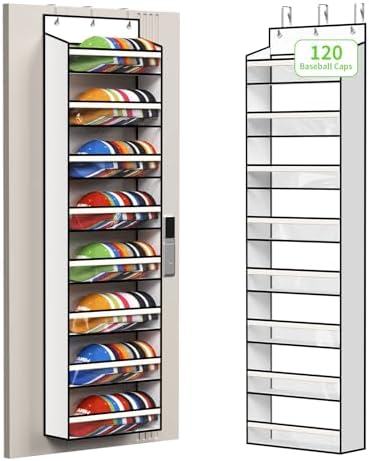 KEEPJOY 8-Tier Over the Door Hat Rack for Baseball Caps, Holds Up to 120 Caps Large Capacity Hanging Hat Storage Organizer with Clear Deep Pockets, Hat Holder for Nursery, Bedroom, Closet (White) by KEEPJOY