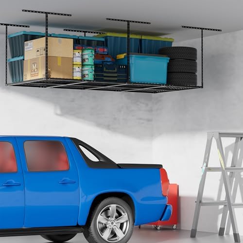 Overhead Garage Storage Rack,3x8 FT Garage Shelving Storage Organizer System with Side Guardrails,Heavy-Duty Metal Ceiling Racks,Load 600LBS Weight - Image 2