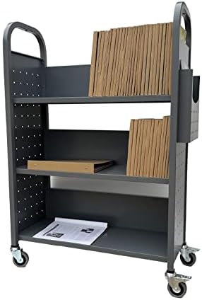Workington Rolling Book Truck Book Cart with 3 Flat Shelves, Library Book Cart with Swivel Lockable Casters 3001 Gray - Image 4