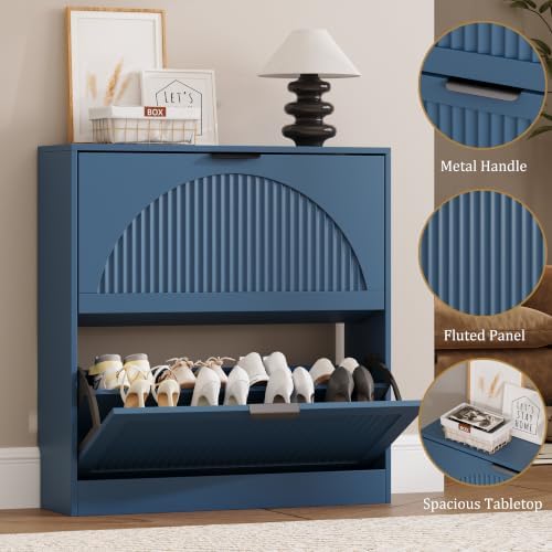 Fluted Shoe Storage Cabinet for Entryway, 2 Flip Drawers, Blue - Image 5