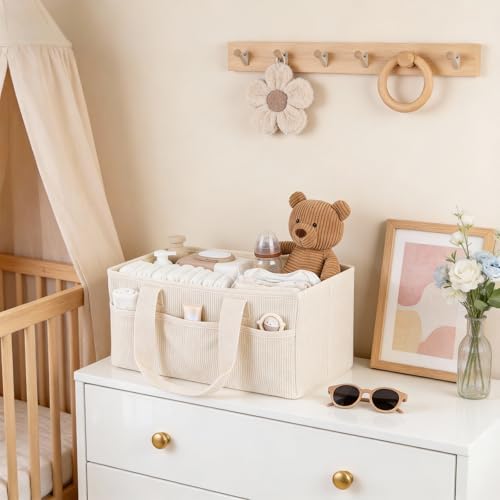 Corduroy Baby Diaper Caddy Organizer with Lid, Gift Basket for Baby Shower - Image 4