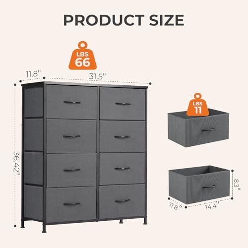 Sweetcrispy 8 Drawer Fabric Dresser for Bedroom, Tall Dresser, Dark Grey - Image 2