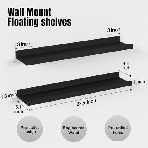 Boswillon Floating Shelves Set of 2, Long Wall Shelf with Lip, 24in, Black - Image 3