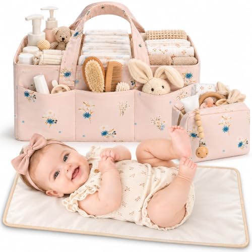 PeraBella Baby Diaper Caddy Organizer 3 Pcs Set, Floral Baby Basket Shower Gift, Nursery Organizer Basket for Newborn Boy Girl Essential Items, Changing Table Organizer Caddy for Baby Stuff, Car Caddy by PeraBella