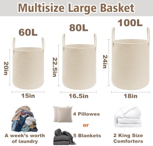 JMvicyroam 100L Cotton Rope Laundry Basket Hamper, Beige - Image 2
