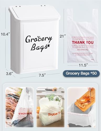 Metal White Magnetic Grocery Bags Holder, Farmhouse Wall Mount Plastic Bag Holder with 50pcs Shopping Bags, Trash Bag Dispenser for Kitchen, Garage, Laundry Room - Image 4