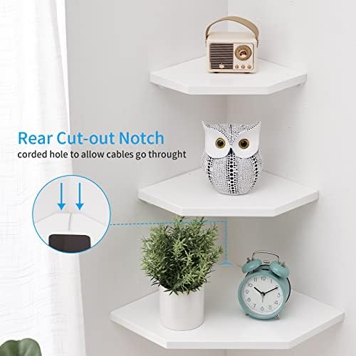Corner Floating Shelves Set 2 Wire Hole Solid Oak Wood Display Shelf ,White - Image 3