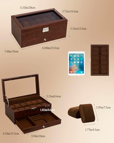 GUKA Watch Box 12 Slot Watch Display Organizer Leather Jewelry Case Drawer Glass Birthday for Men Women, Child Husband Dad GK-012-BROWN-LED-24 - Image 6