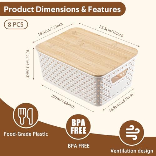 8 Pack Plastic Storage Bins with Bamboo Lids - Stackable Storage Baskets with Handle for Pantry Organizer and Storage, Plastic Containers Bins Lidded Storage Bins for Classroom Office Shelves - Image 3