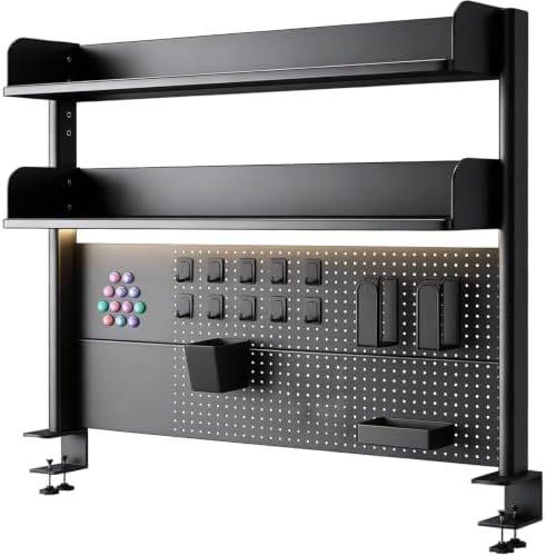 Clamp On Desk Pegboard Shelf - Metal Desktop Organizer Hutch with 2 Shelves by CHSSIH