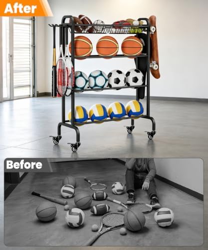 Ball Organizer with Wheels, 4 Tier Basketball Storage Cart, Black - Image 6