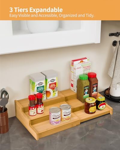 Spice Rack 3-Tier Natural Bamboo, Adjustable Cabinet Organizer Shelf - Image 3