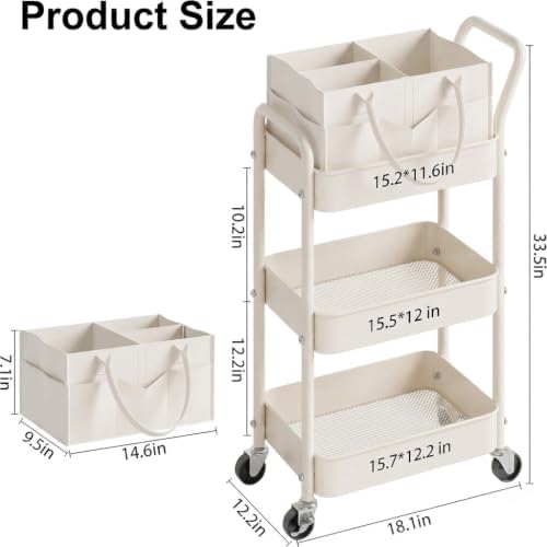 3 Tier Baby Diaper Caddy Cart with Removable Dividers and Wheels,Off-White - Image 3