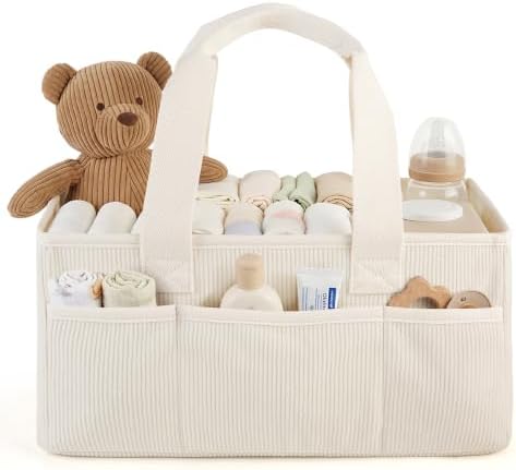 Corduroy Baby Diaper Caddy Organizer with Lid, Gift Basket for Baby Shower by Unknown